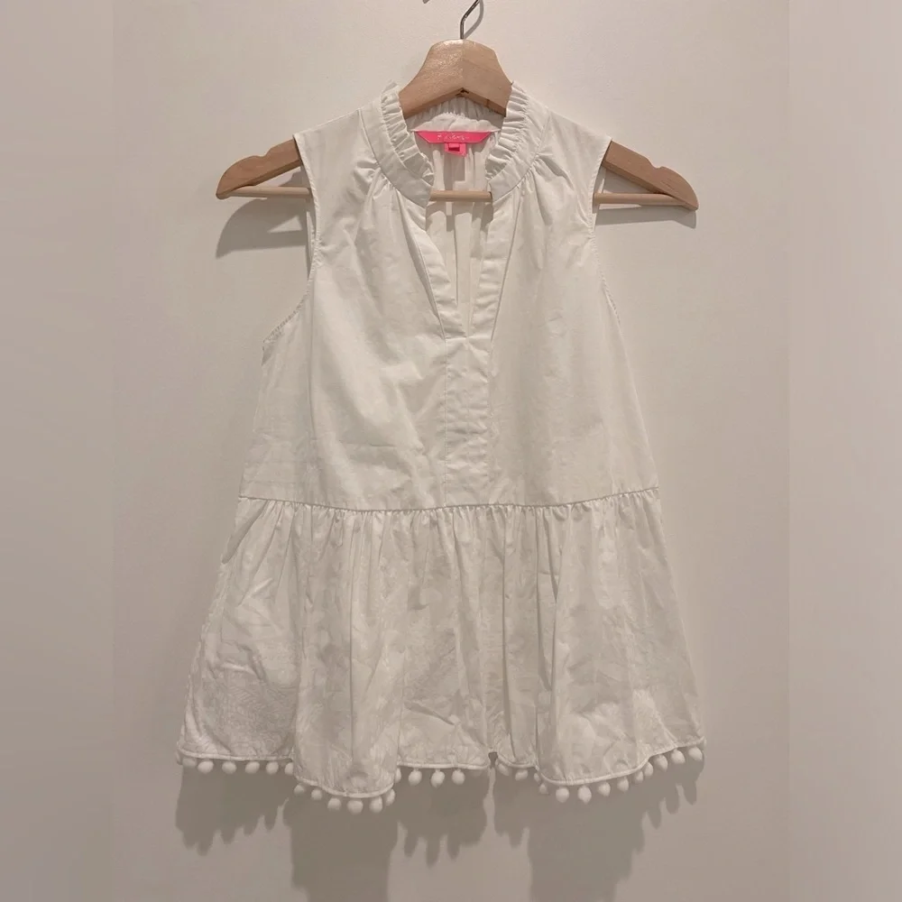 Lilly Pulitzer Novella Pom Pom Ruffle Sleeveless Blouse Top Size XXS